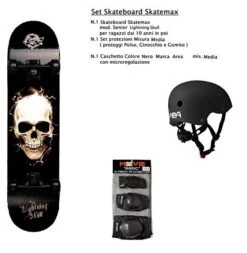 Set Skateboard Lightning Skull Skate-Max" + Caschetto + Protezioni"