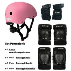 Move Set Protezioni Con Casco Regolabile Rosa, Polsiere, Gomitiere, Ginocchiere