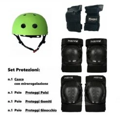 Move Set Protezioni Con Casco Regolabile Verde, Polsiere, Gomitiere, Ginocchiere